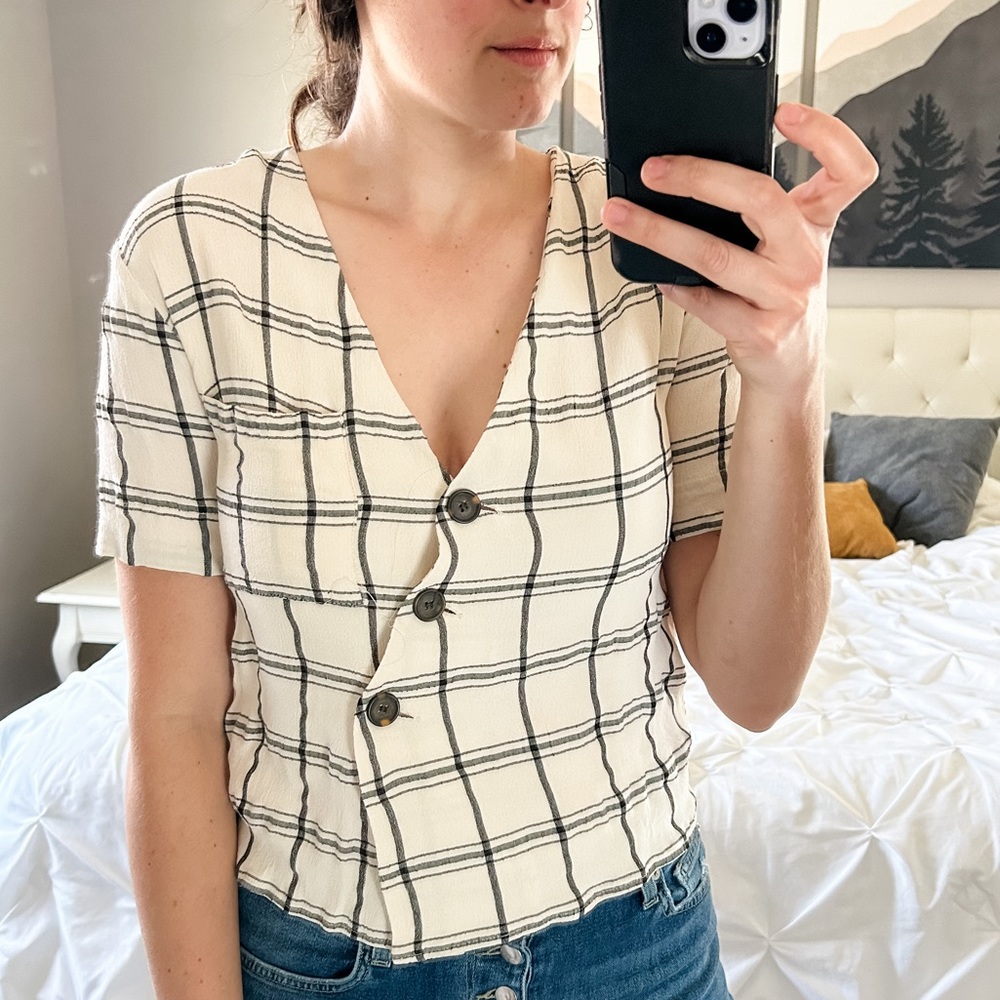 Topshop white and black windowpane button front blouse